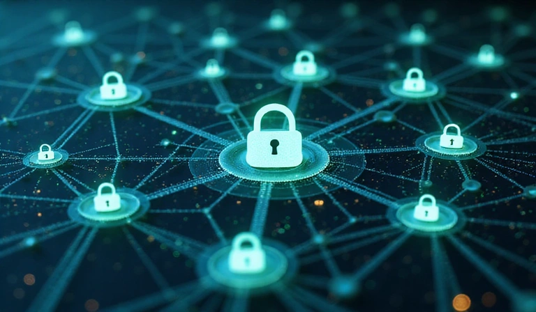 Data flow between different digital entities with security icons